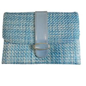 Mastercraft Leather Vintage Woven Blue White Clutch Bag Made in Canada Gold Trim